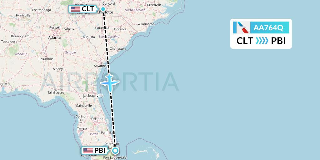 AA764Q American Airlines Flight Map: Charlotte to West Palm Beach