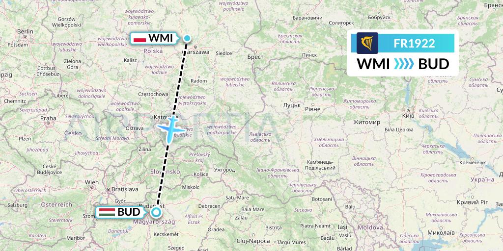 FR1922 Ryanair Flight Map: Warsaw to Budapest