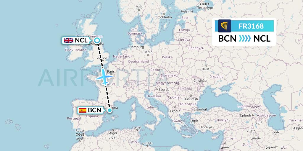FR3168 Ryanair Flight Map: Barcelona to Newcastle