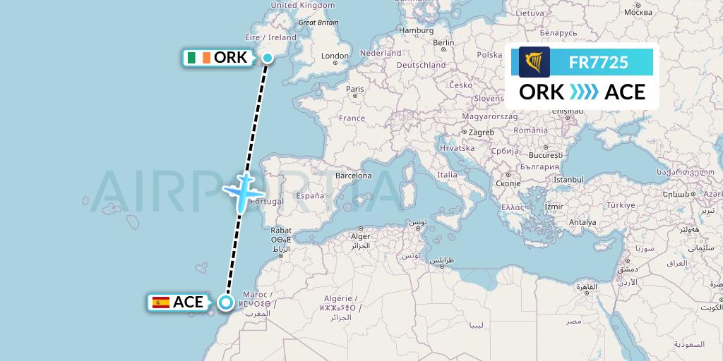 FR7725 Ryanair Flight Map: Cork to Lanzarote