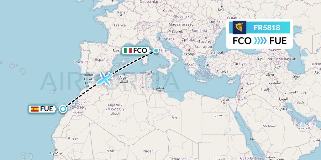 FR5818 Ryanair Flight Map: Rome to Fuerteventura