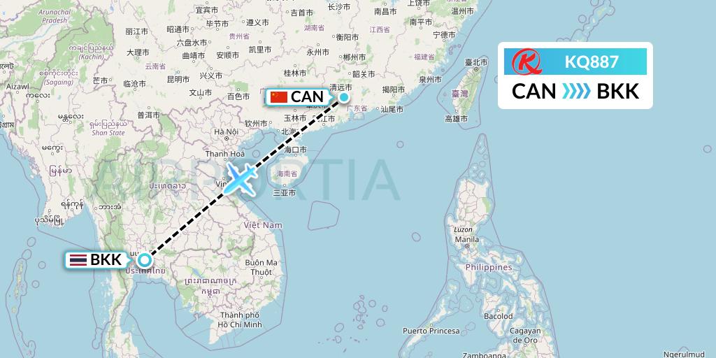 KQ887 Kenya Airways Flight Map: Guangzhou to Bangkok