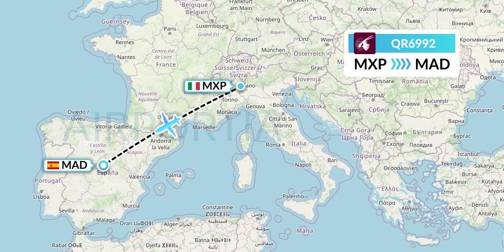 QR6992 Qatar Airways Flight Map: Milan to Madrid