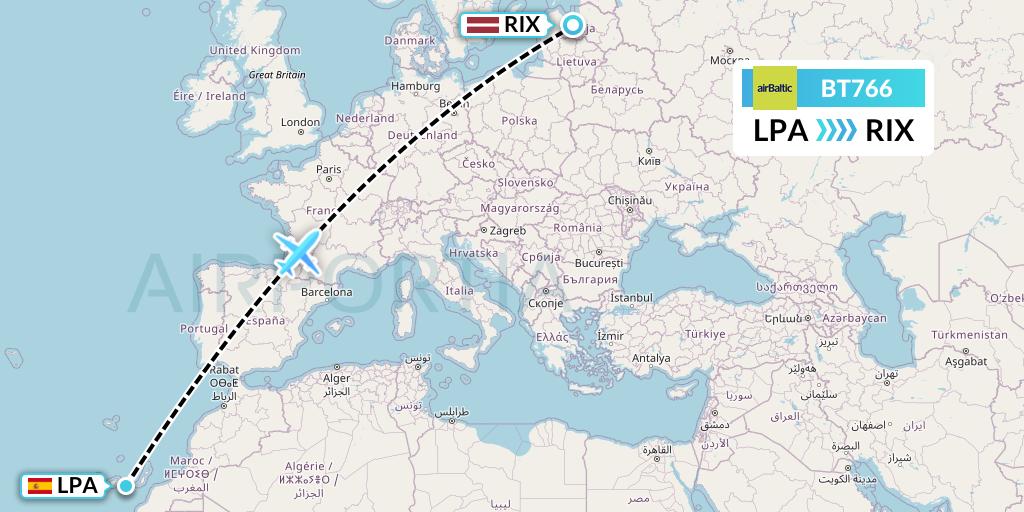 BT766 Air Baltic Flight Map: Las Palmas to Riga
