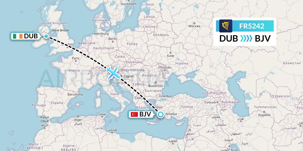 FR5242 Ryanair Flight Map: Dublin to Bodrum