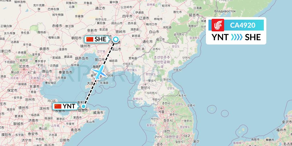 CA4920 Air China Flight Map: Yantai to Shenyang