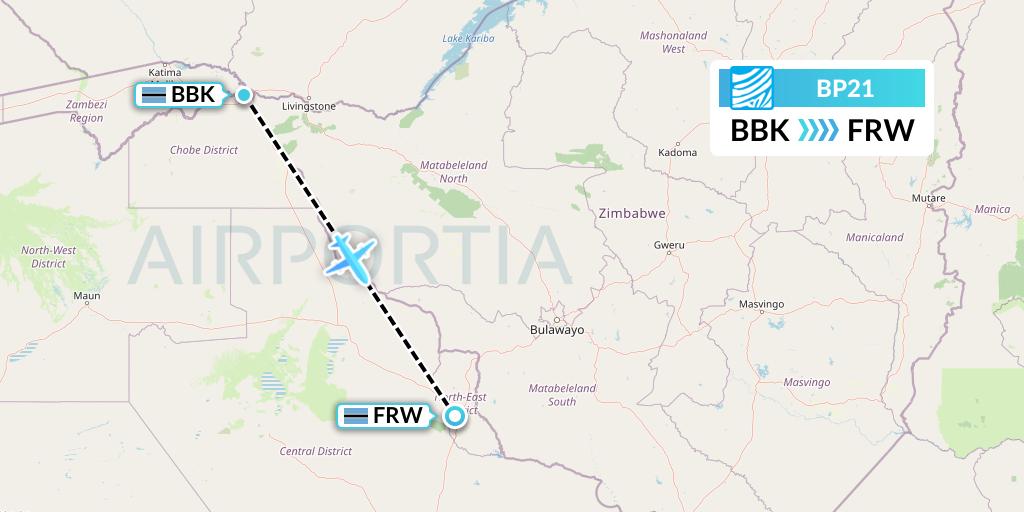 BP21 Air Botswana Flight Map: Kasane to Francistown