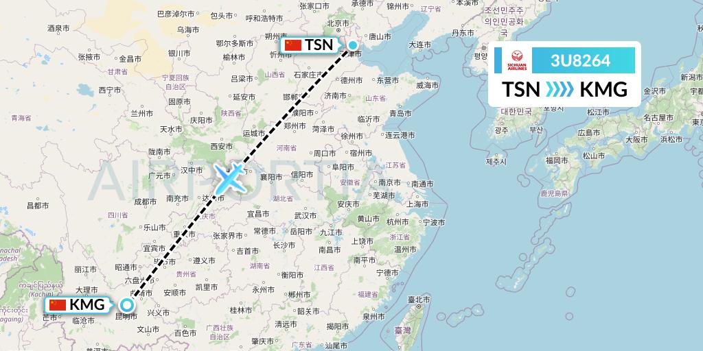 3U8264 Sichuan Airlines Flight Map: Tianjin to Kunming