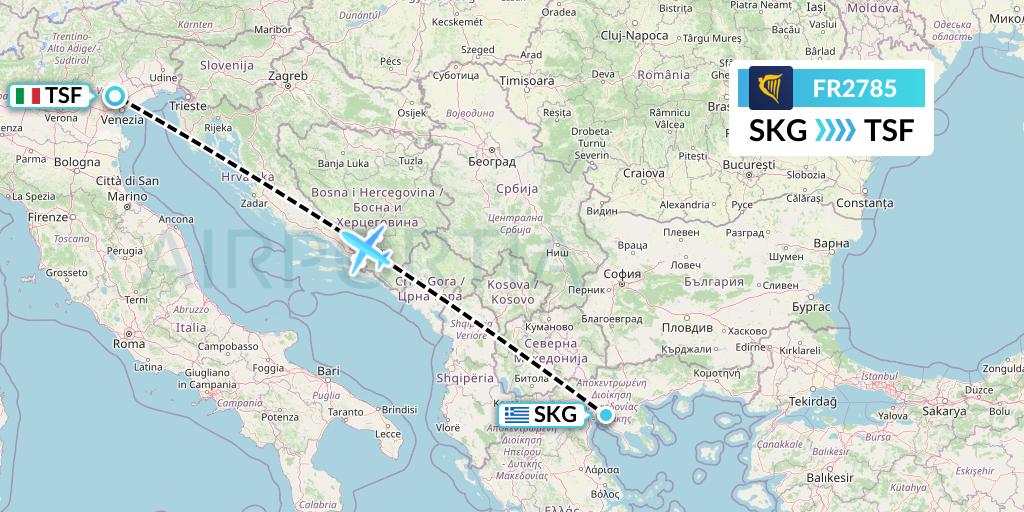 FR2785 Ryanair Flight Map: Thessaloniki to Treviso