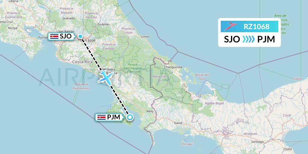 RZ1068 Sansa Airlines Flight Map: San Jose to Puerto Jimenez