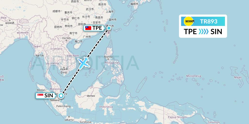 TR893 Tigerair Flight Map: Taipei to Singapore