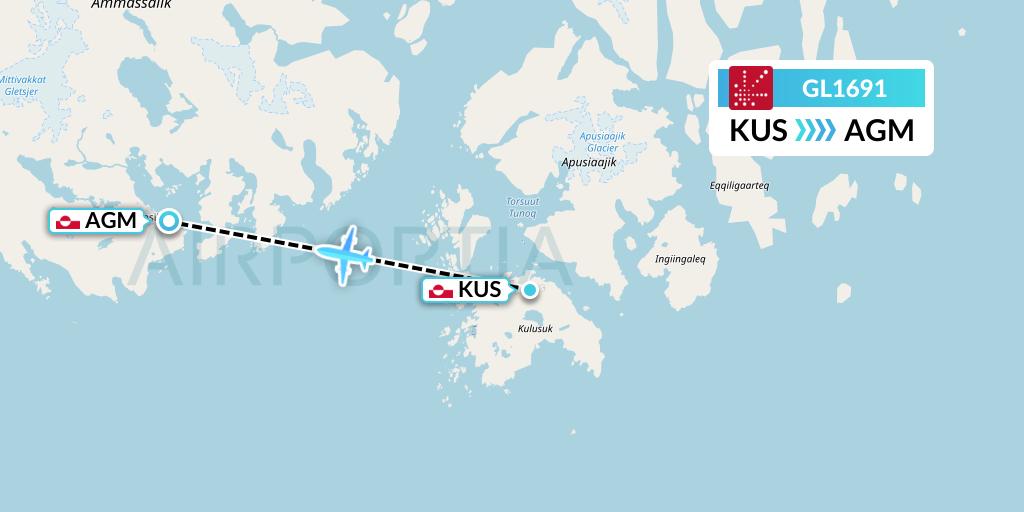 GL1691 Air Greenland Flight Map: Kulusuk to Tasiilaq