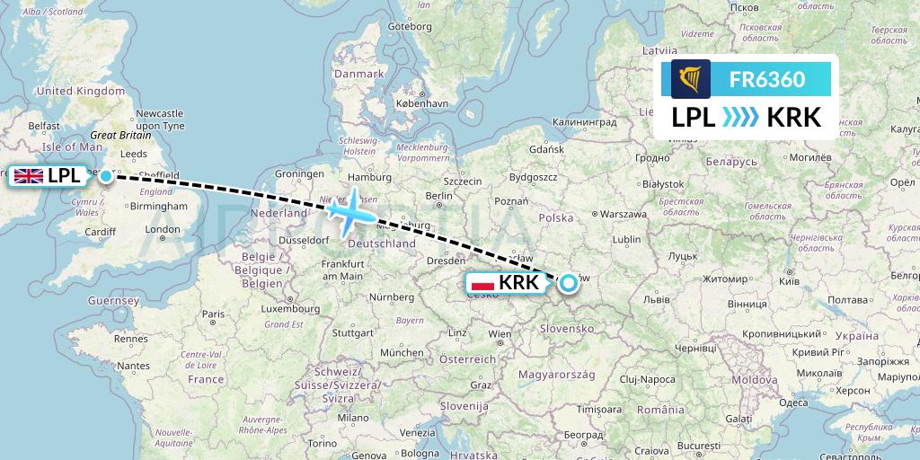 FR6360 Ryanair Flight Map: Liverpool to Krakow