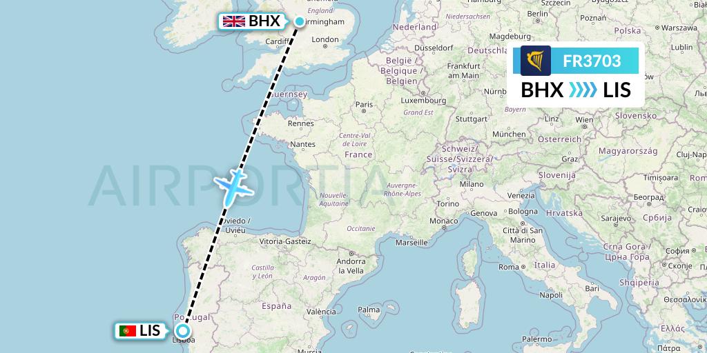FR3703 Ryanair Flight Map: Birmingham to Lisbon
