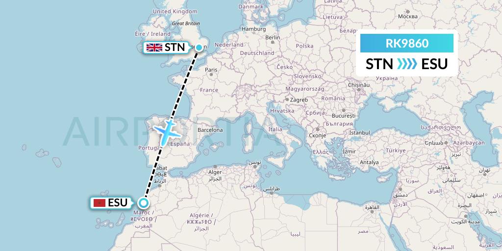 RK9860 Ryanair UK Flight Map: London to Essaouira