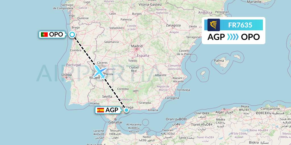 FR7635 Ryanair Flight Map: Malaga to Porto
