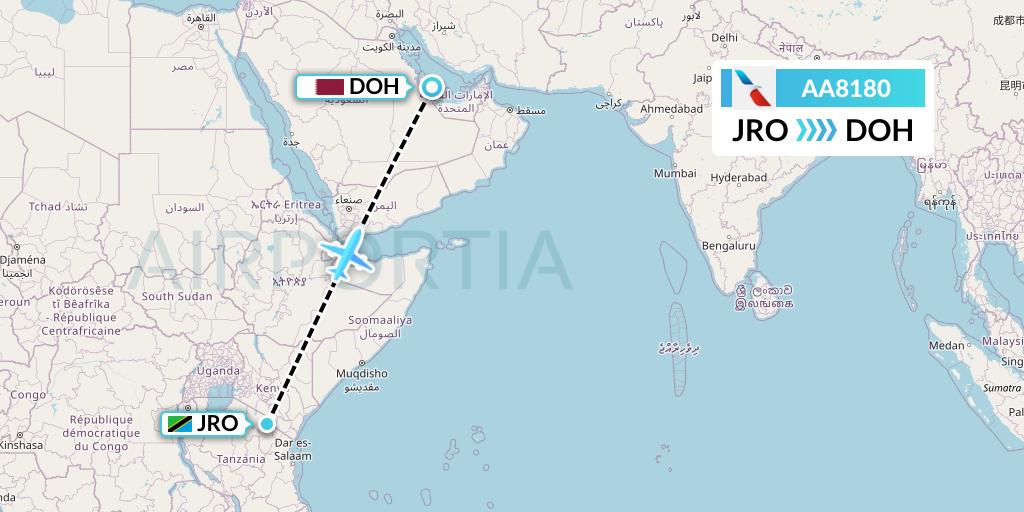 AA8180 American Airlines Flight Map: Kilimanjaro to Doha