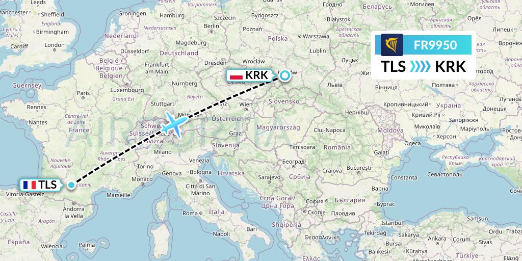 FR9950 Ryanair Flight Map: Toulouse to Krakow