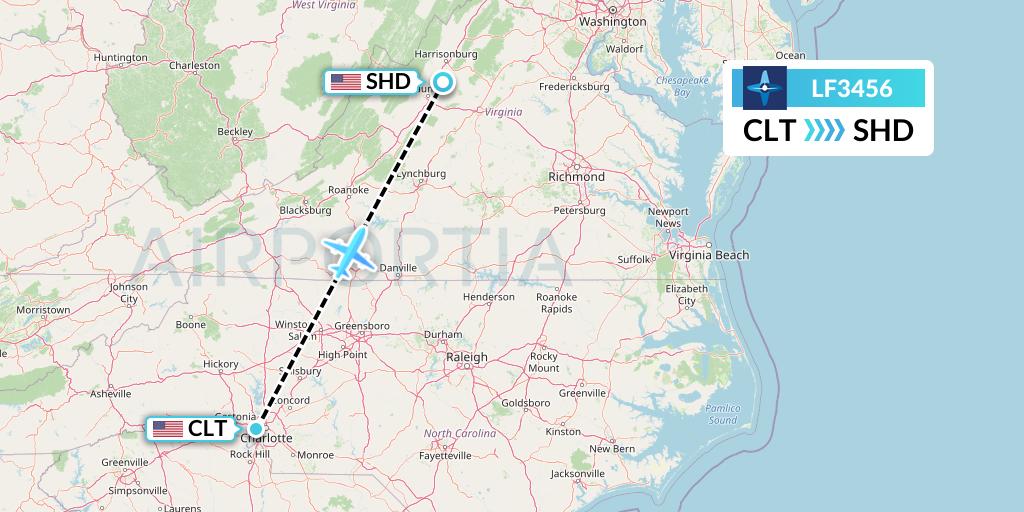 LF3456 Corporate Flight Management Flight Map: Charlotte to Staunton
