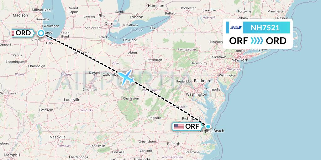 NH7521 All Nippon Airways Flight Map: Norfolk to Chicago