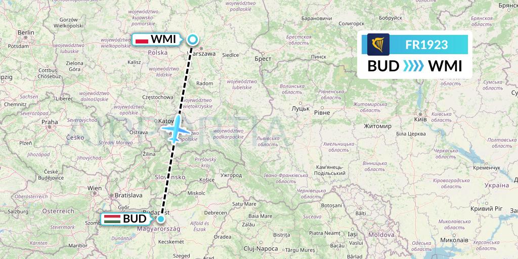 FR1923 Ryanair Flight Map: Budapest to Warsaw