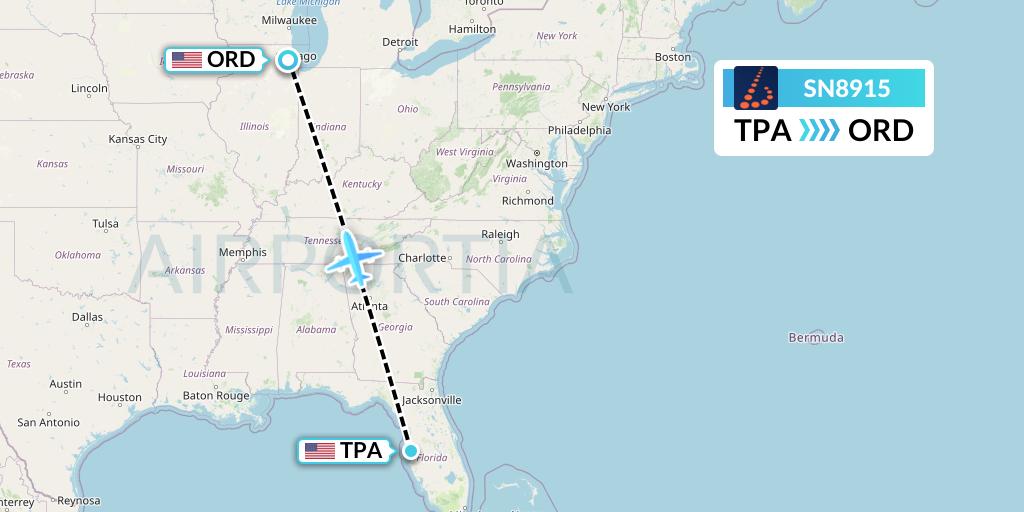 SN8915 Brussels Airlines Flight Map: Tampa to Chicago