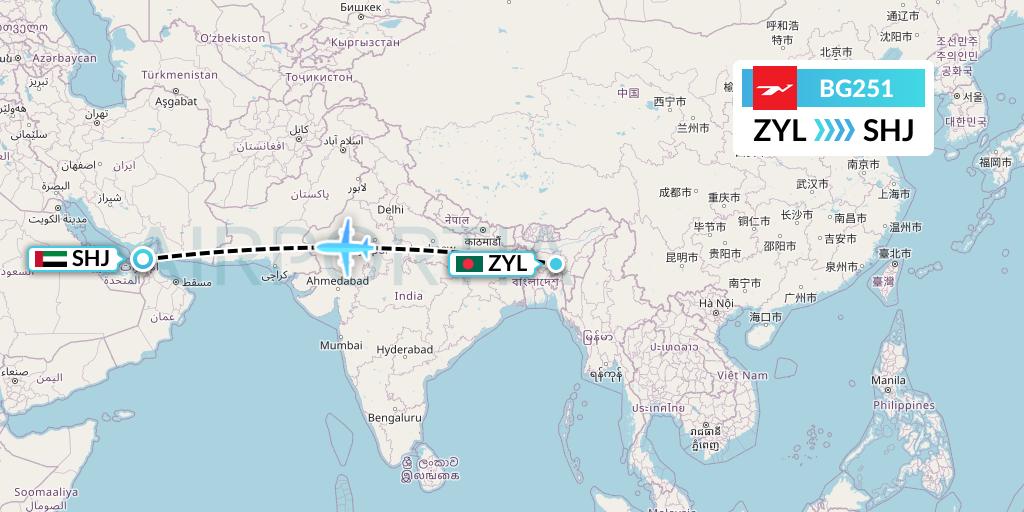 BG251 Biman Bangladesh Airlines Flight Map: Sylhet to Sharjah