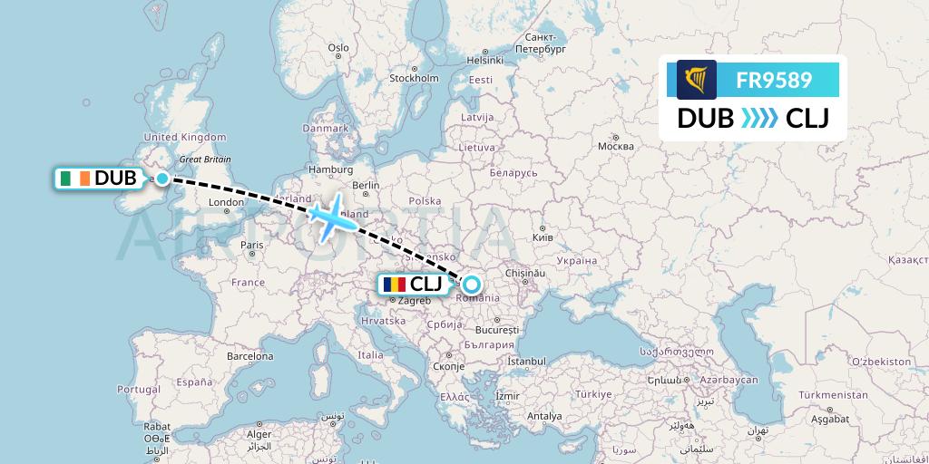 FR9589 Ryanair Flight Map: Dublin to Cluj-Napoca