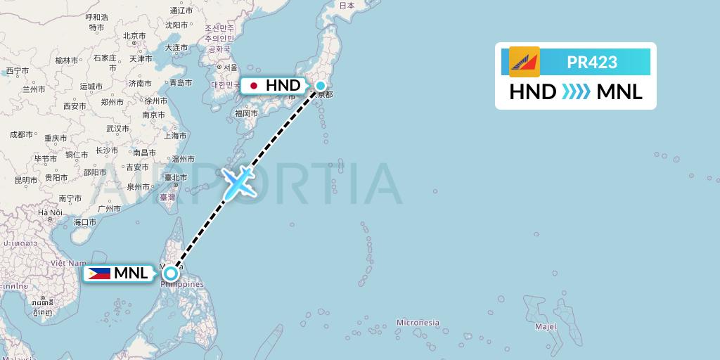 PR423 Philippine Airlines Flight Map: Tokyo to Manila