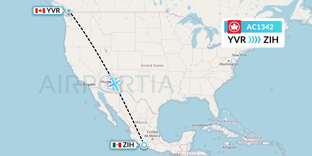 AC1342 Air Canada Flight Map: Vancouver to Zihuatanejo