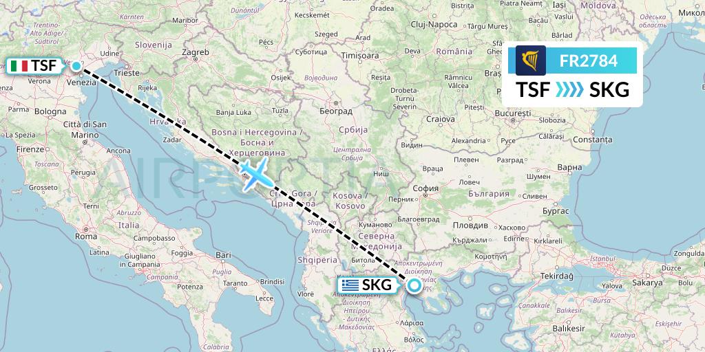 FR2784 Ryanair Flight Map: Treviso to Thessaloniki