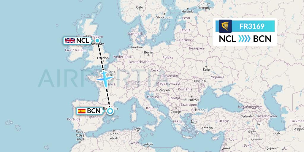 FR3169 Ryanair Flight Map: Newcastle to Barcelona