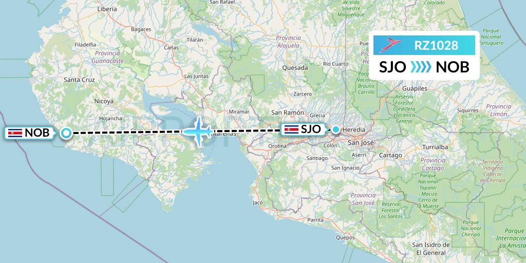 RZ1028 Sansa Airlines Flight Map: San Jose to Nicoya