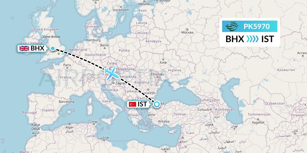 PK5970 Pakistan International Airlines Flight Map: Birmingham to Istanbul