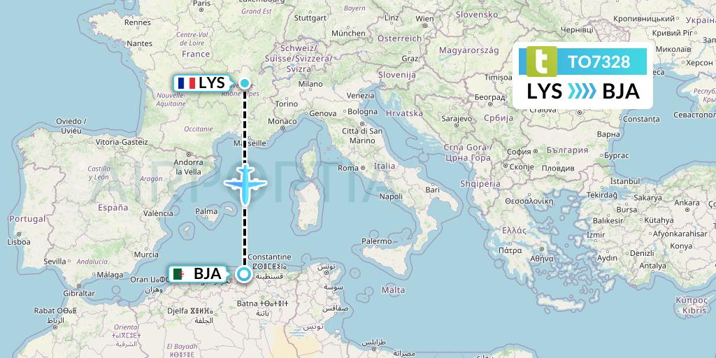 TO7328 Transavia France Flight Map: Lyon to Bejaia