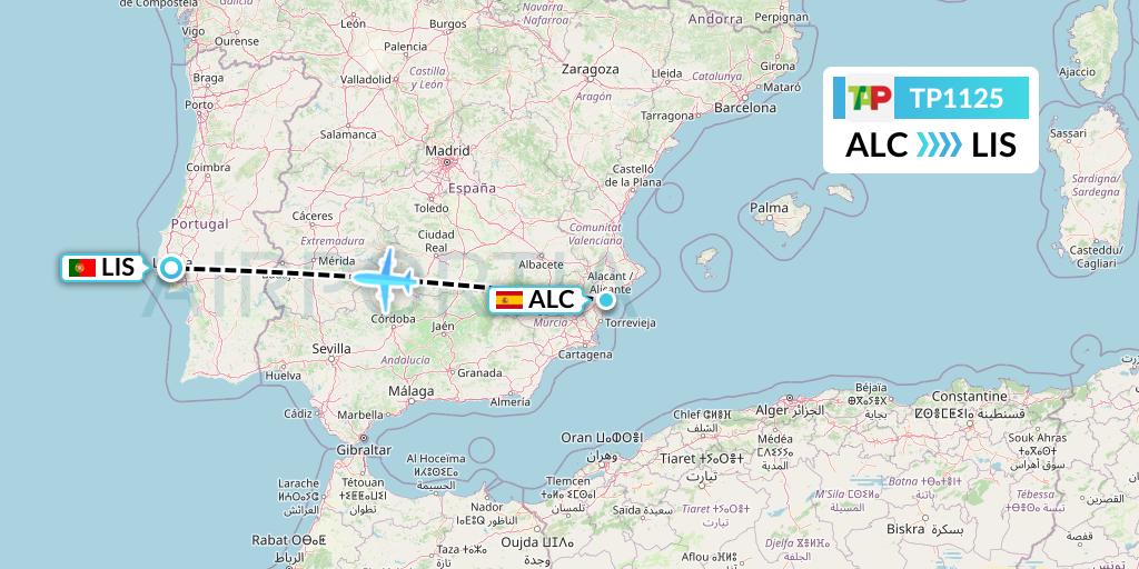 TP1125 TAP Portugal Flight Map: Alicante to Lisbon