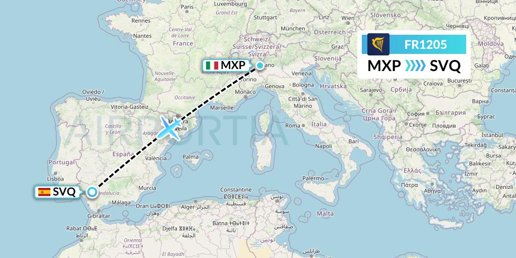 FR1205 Ryanair Flight Map: Milan to Seville