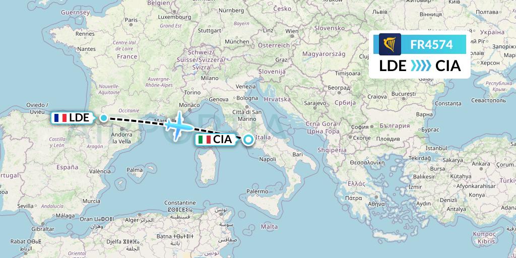 FR4574 Ryanair Flight Map: Tarbes to Rome