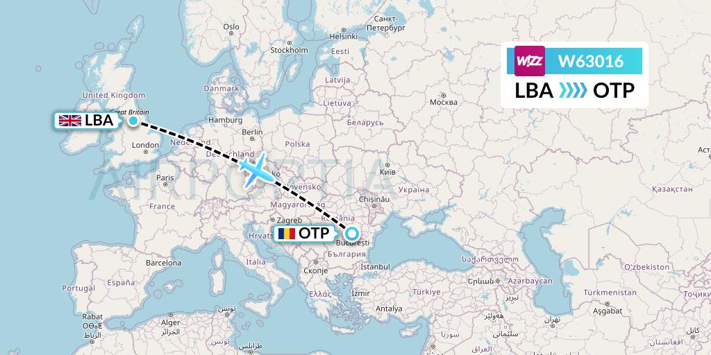 W63016 Wizz Air Flight Map: Leeds to Bucharest