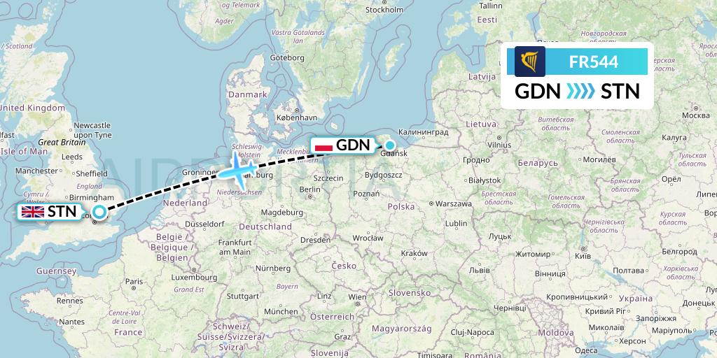 FR544 Ryanair Flight Map: Gdansk to London
