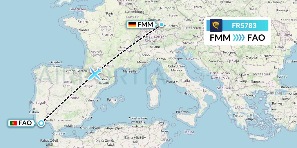 FR5783 Ryanair Flight Map: Memmingen to Faro