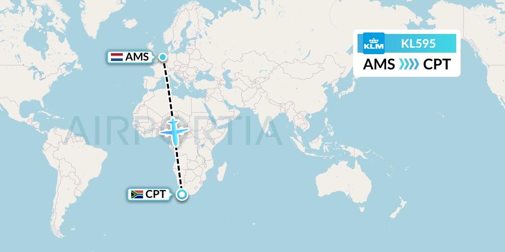 KL595 KLM Flight Map: Amsterdam to Cape Town
