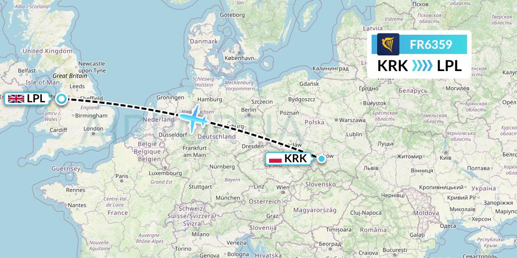 FR6359 Ryanair Flight Map: Krakow to Liverpool