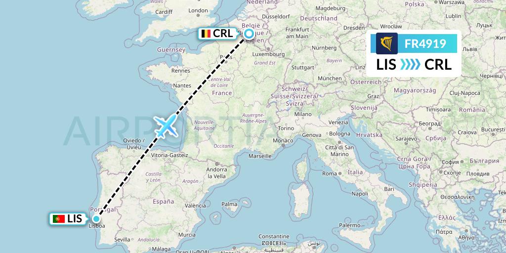 FR4919 Ryanair Flight Map: Lisbon to Brussels