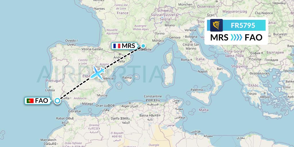 FR5795 Ryanair Flight Map: Marseille to Faro