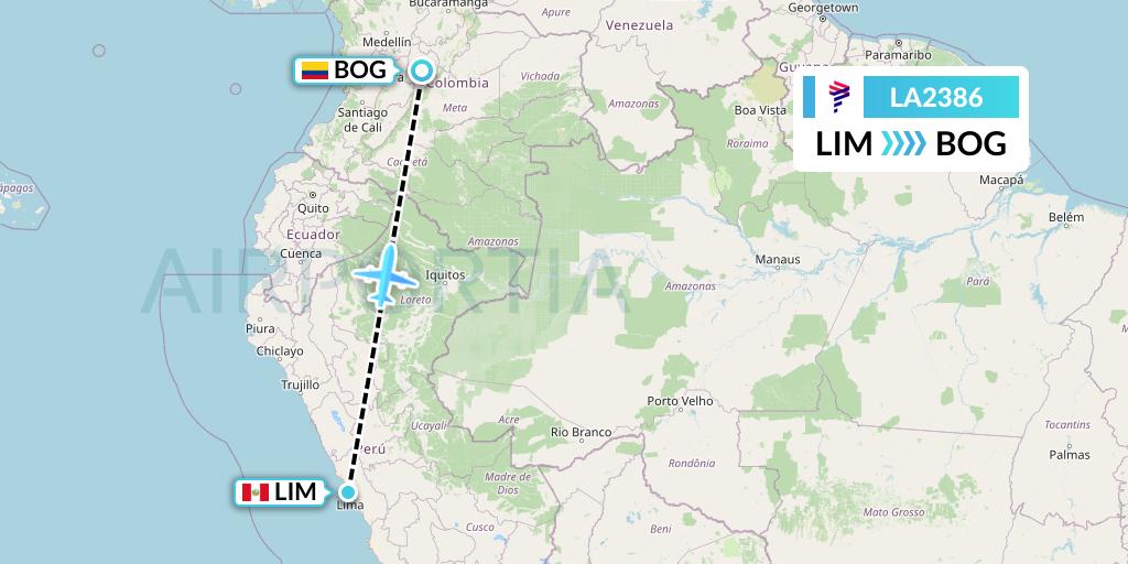 LA2386 LAN Airlines Flight Map: Lima to Bogota