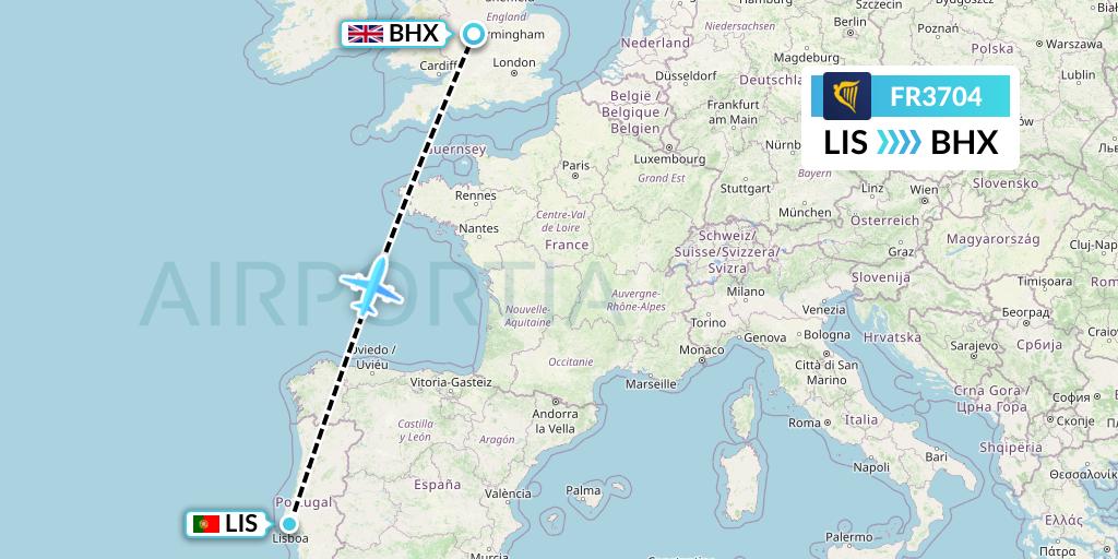FR3704 Ryanair Flight Map: Lisbon to Birmingham