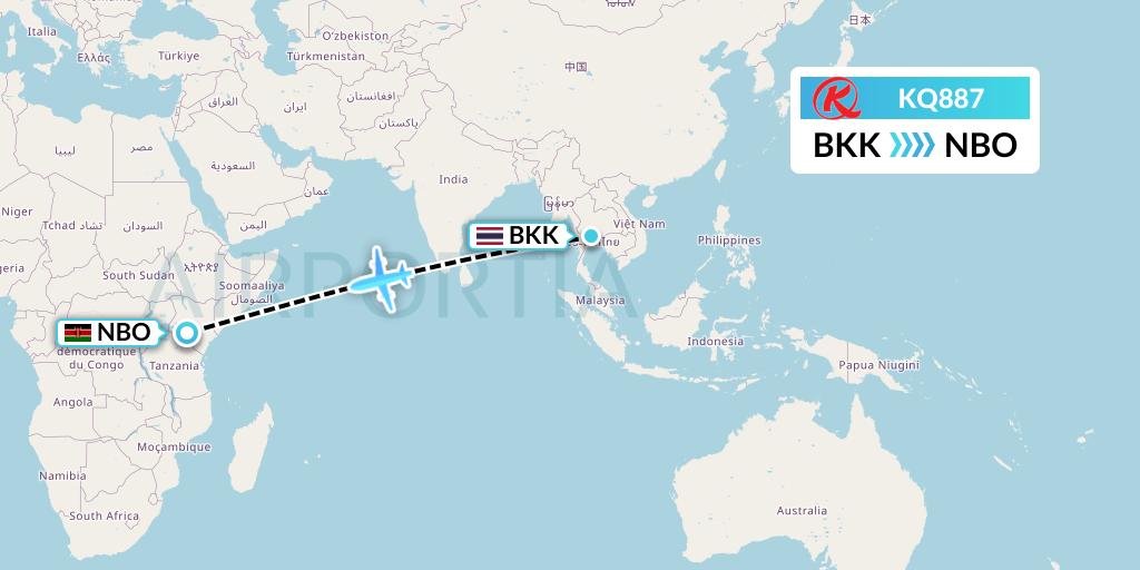 KQ887 Kenya Airways Flight Map: Bangkok to Nairobi