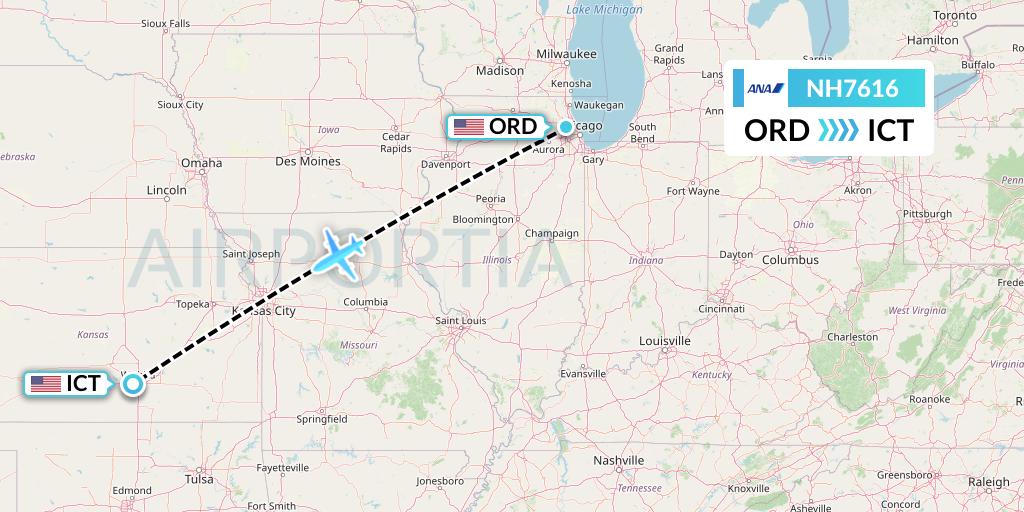 NH7616 All Nippon Airways Flight Map: Chicago to Wichita