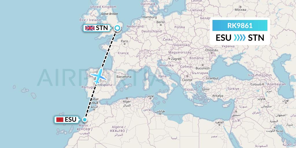 RK9861 Ryanair UK Flight Map: Essaouira to London